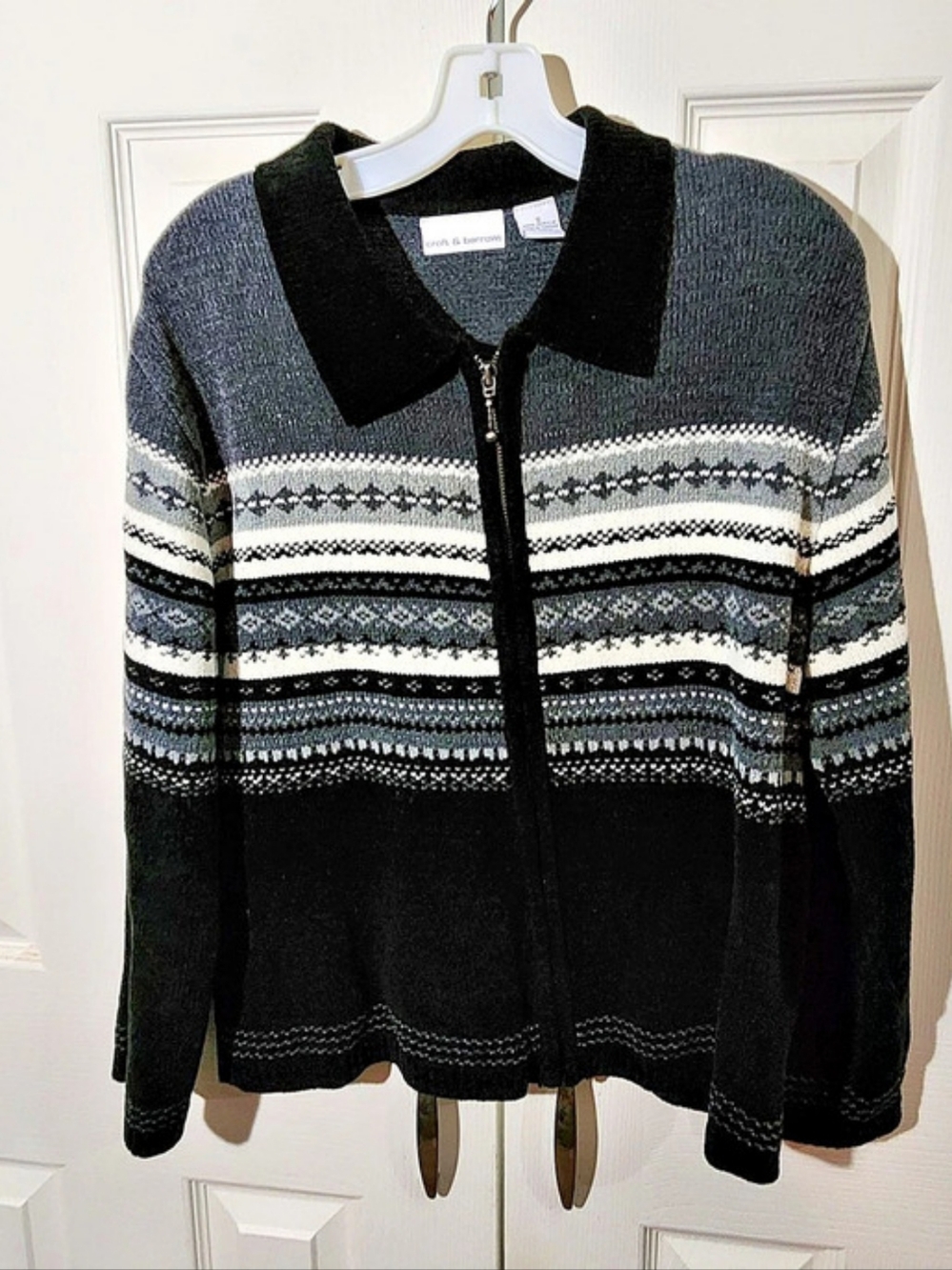 Vintage Croft & Barrow Geometric Zip Cardigan Black & Gray Size Small